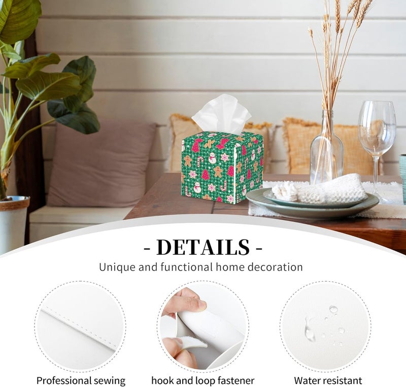 sndheke Christmas Gingerbread and Snowman Tissue Box Cover Square,Merry Christmas Snowflakes Candy Canes Tissue Box Holder Waterproof Leather Facial Paper Organizer for Car Bathroom Nightstand Vanity Desk - Image 3